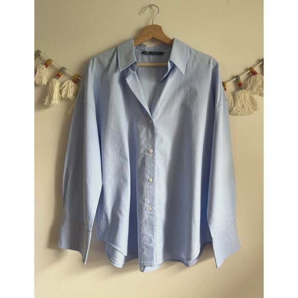 Zara Basic Oxford Sky Blue Button Down Shirt Preppy Casual Modest Cotton Minimal - Picture 1 of 12